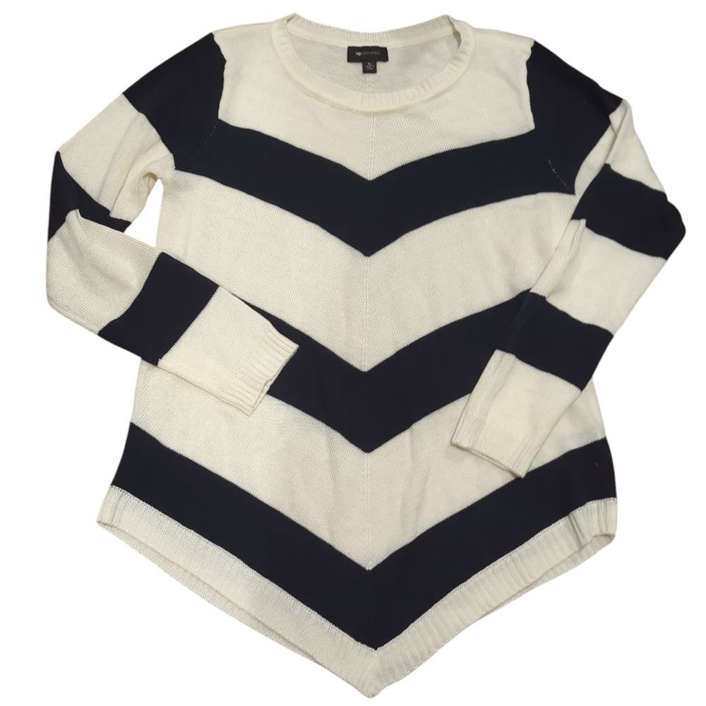 AB Studio Chevron Acrylic Knit Tunic Sweater Size XL Cream And Black Cozy Casual